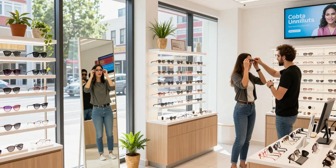 Shop for stylish eyewear in an ótica online experience with a customer trying on glasses.