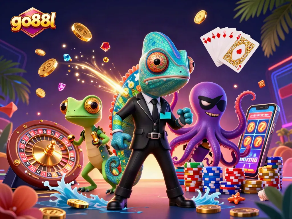 Spinning roulette wheel and vibrant coins surround go88l characters in an animated casino setting.