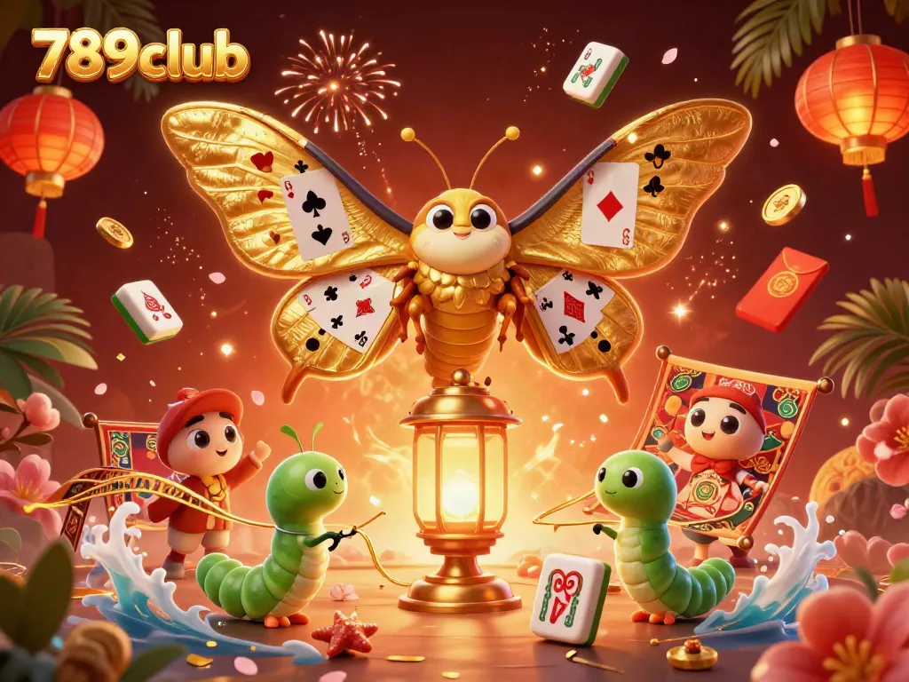 Experience immersive gaming at 789club with vibrant golden moths and casino elements.