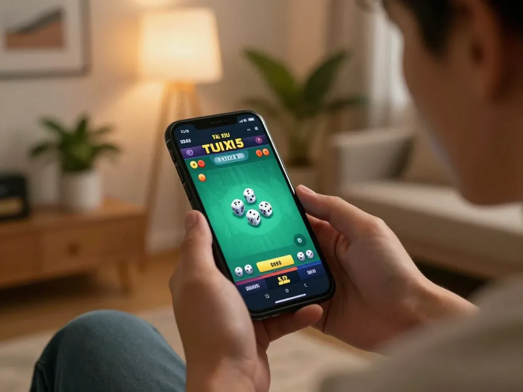 Tài xỉu MD5 gameplay displayed on smartphone during an engaging home gaming session.