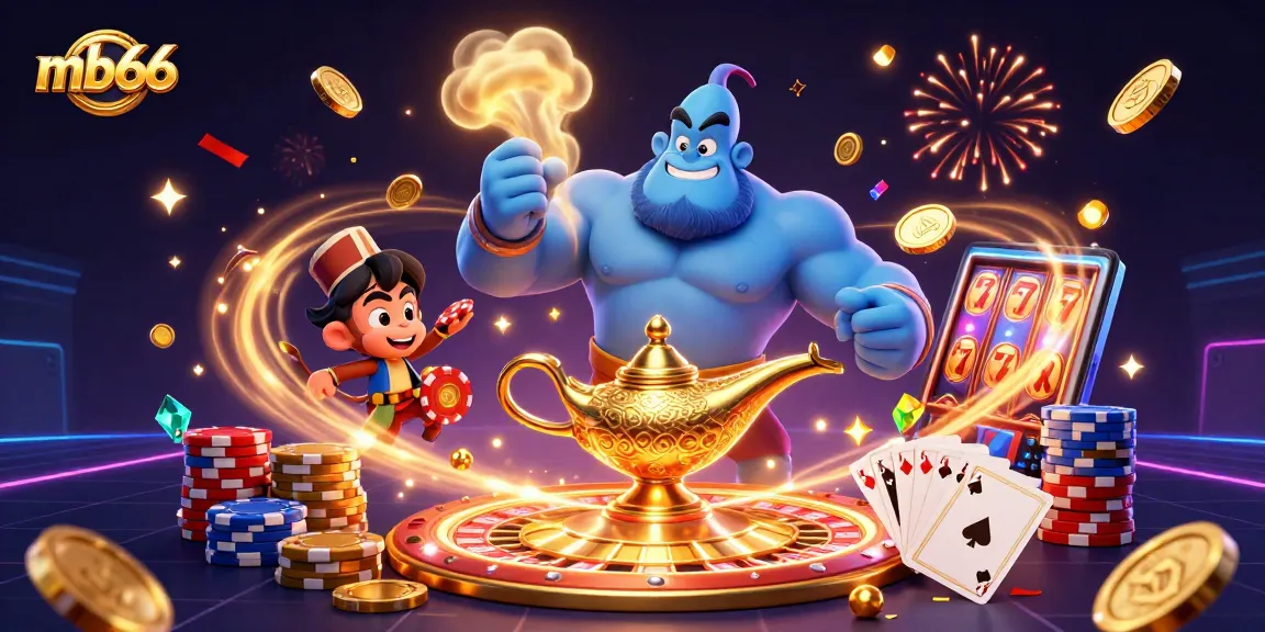 Experience the thrill at mb66 with this vibrant casino-inspired illustration featuring a playful genie and golden rewards.