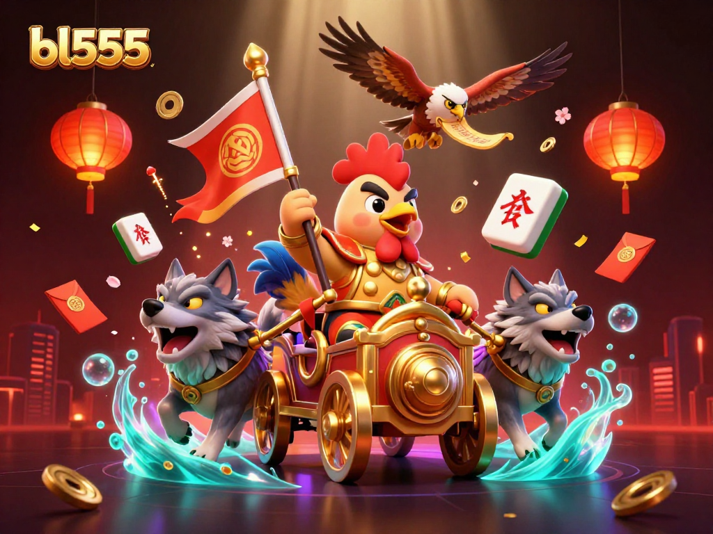 Engage in thrilling gameplay at bl555 with dynamic scenes of a rooster warlord and golden elements.