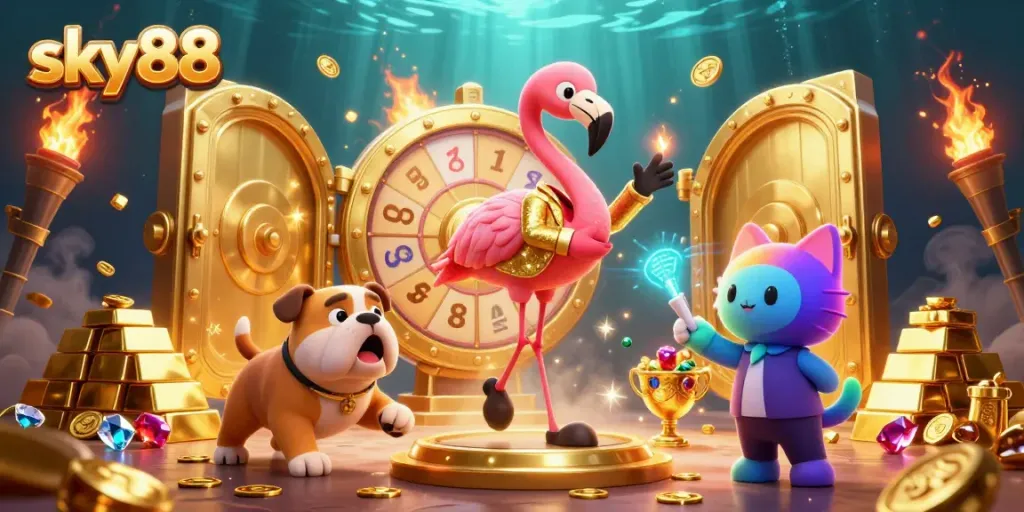 Experience the excitement of sky88 as a flamingo spins a golden wheel surrounded by treasures.