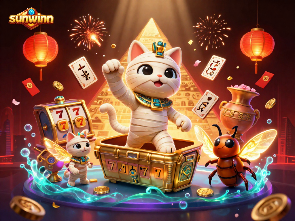 Experience the excitement of sunwinn with a visually rich illustration featuring a cartoon mummy cat and casino symbols.