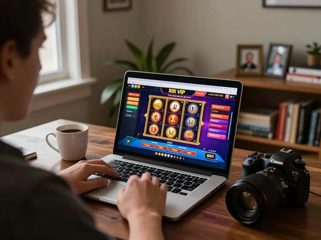 Engaging in a strategic online gaming session at Rik vip with a laptop displaying vibrant casino games.