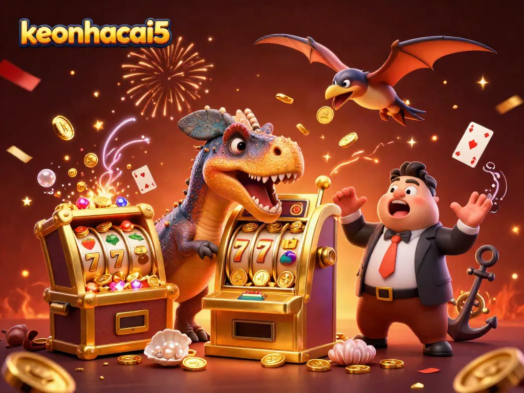 Experience thrilling payouts with keonhacai5 as dinosaurs collide with a jackpot slot machine in the casino.