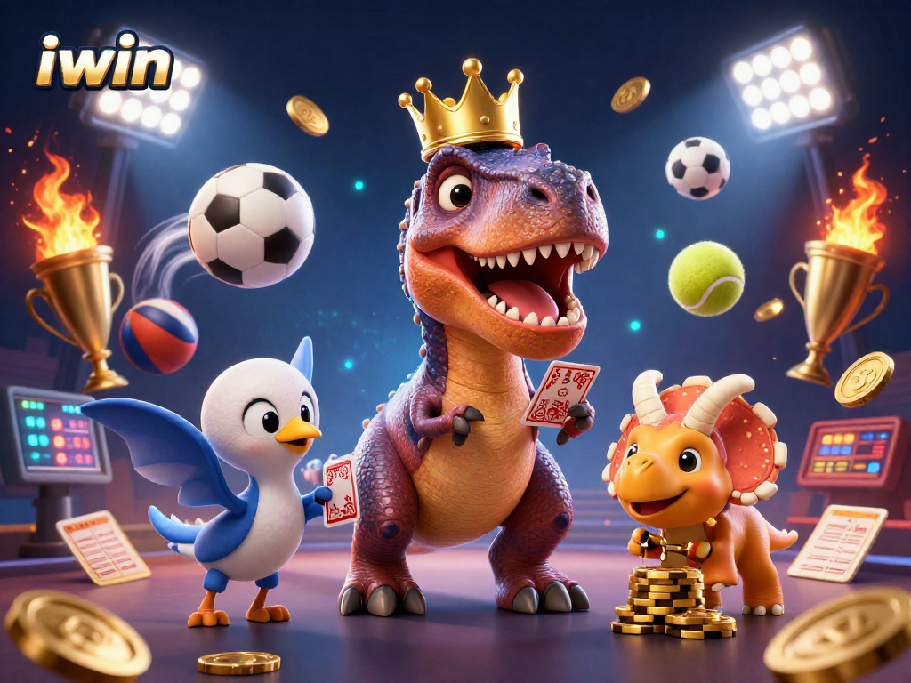 iwin theme featuring T-Rex, pterodactyl, and triceratops engaged in sports betting