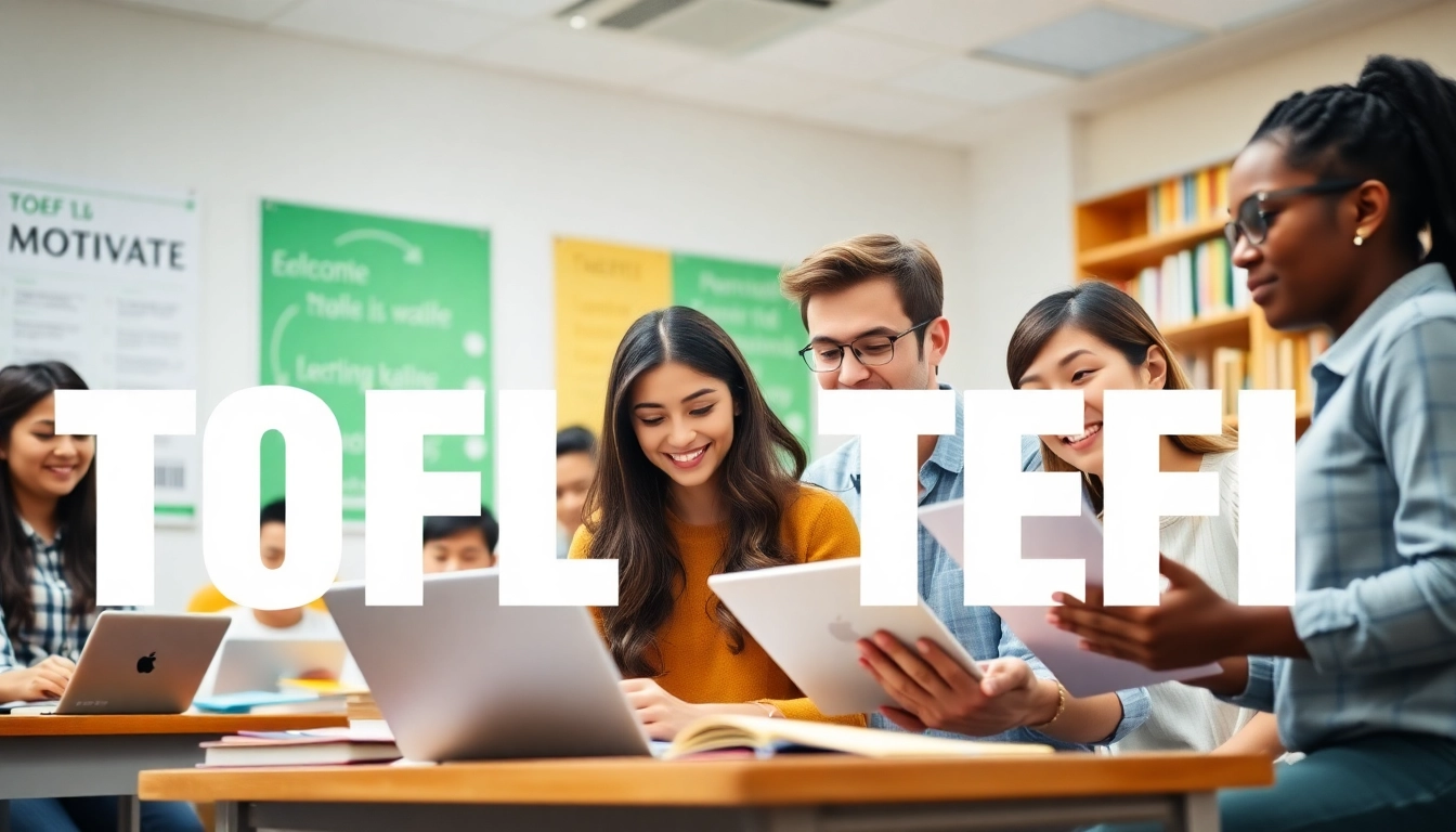 Dynamic scene of TOEFL test takers for hire collaborating in a bright classroom.