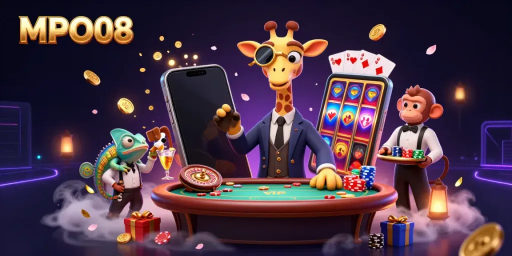 MPO08 engages players with vibrant casino fun featuring slots, poker, and lively characters.