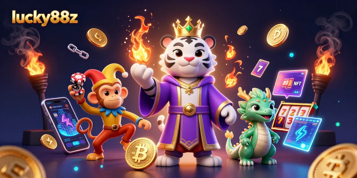 Experience lucky88z with a vibrant illustration showcasing a tiger, monkey, and dragon amidst slot reels and crypto coins.