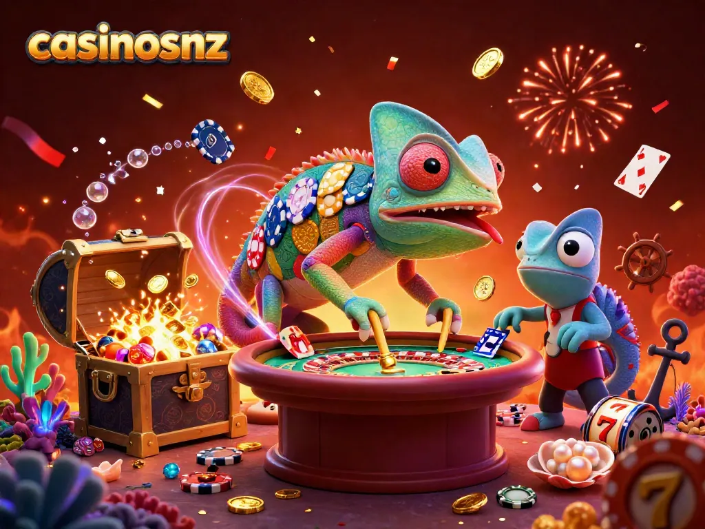 Experience the vibrant energy of casinosnz with a colorful chameleon casino owner celebrating wins at a dynamic gaming scene.