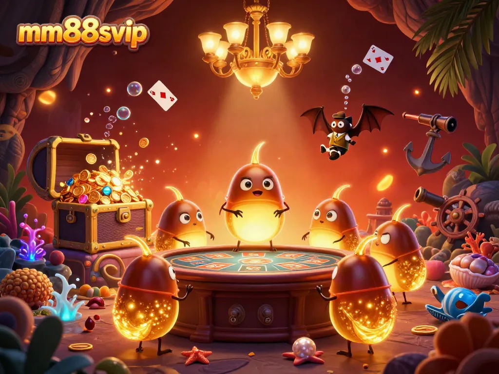 Engage with mm88svip in a vibrant cave casino illuminated by glowworms, featuring an energetic bat dealer.