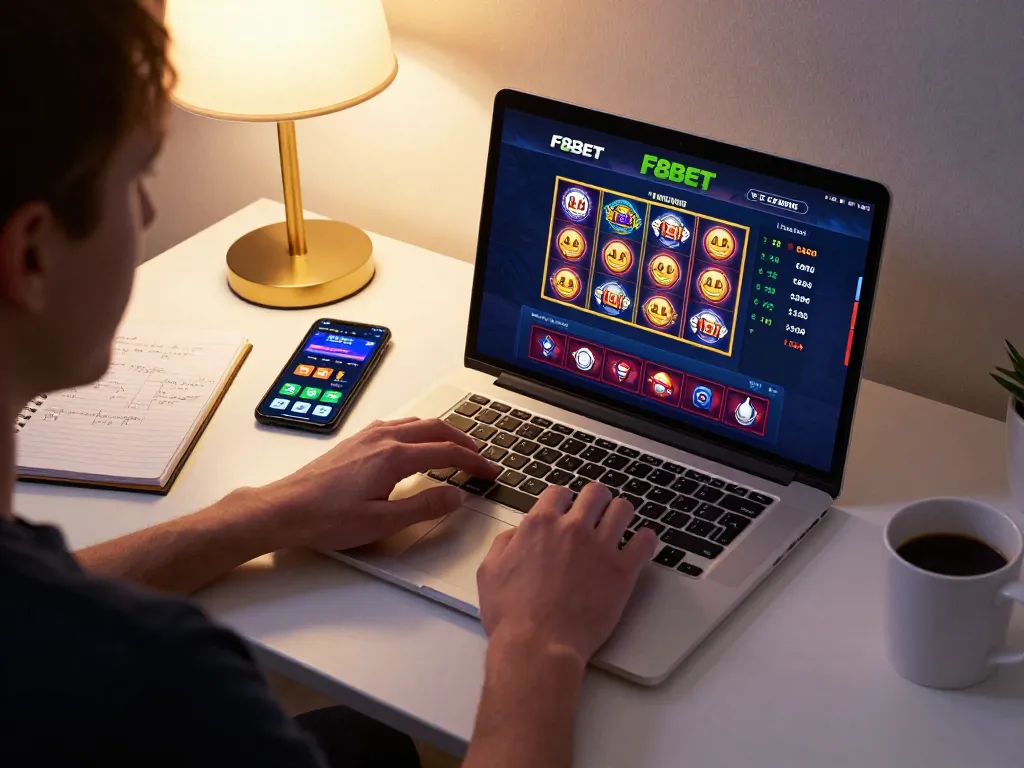 Player experiencing F8BET's online gaming environment with strategic betting notes and vibrant interface.