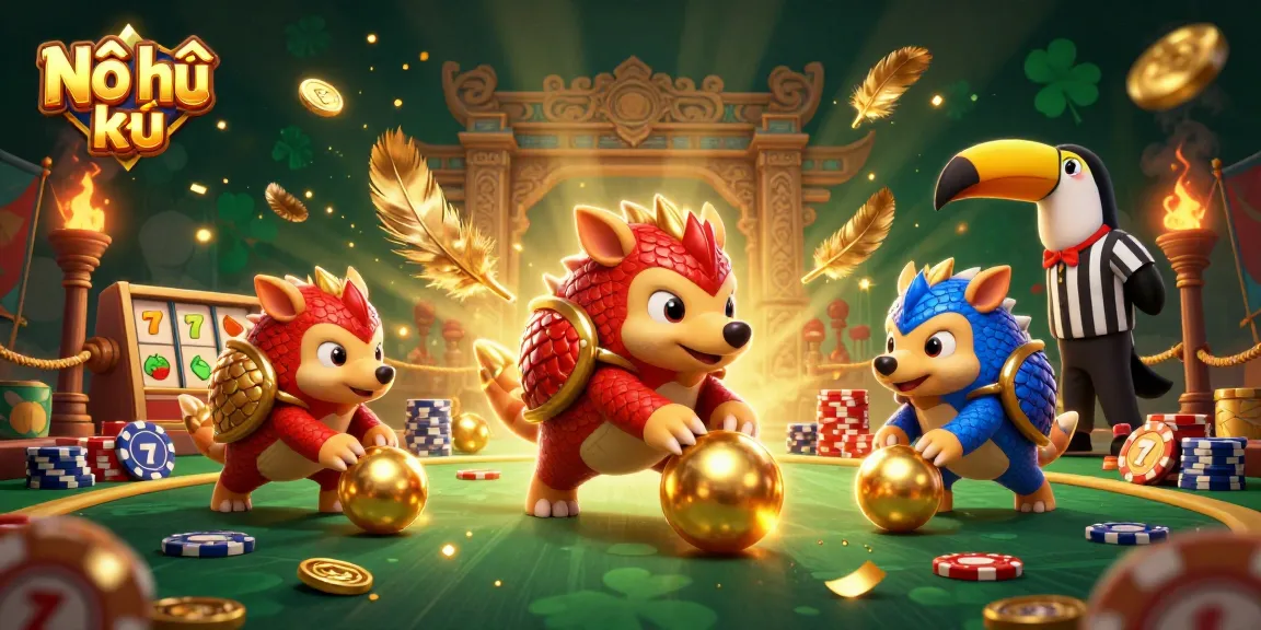 Nổ hũ: 3D illustration of rival pangolins competing in a vibrant casino game scene.