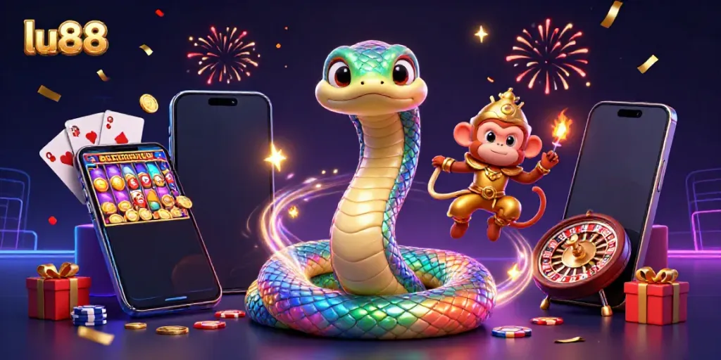 Engage with lu88's vibrant 3D casino scene featuring a rainbow serpent and slot games, celebrating gaming excitement.