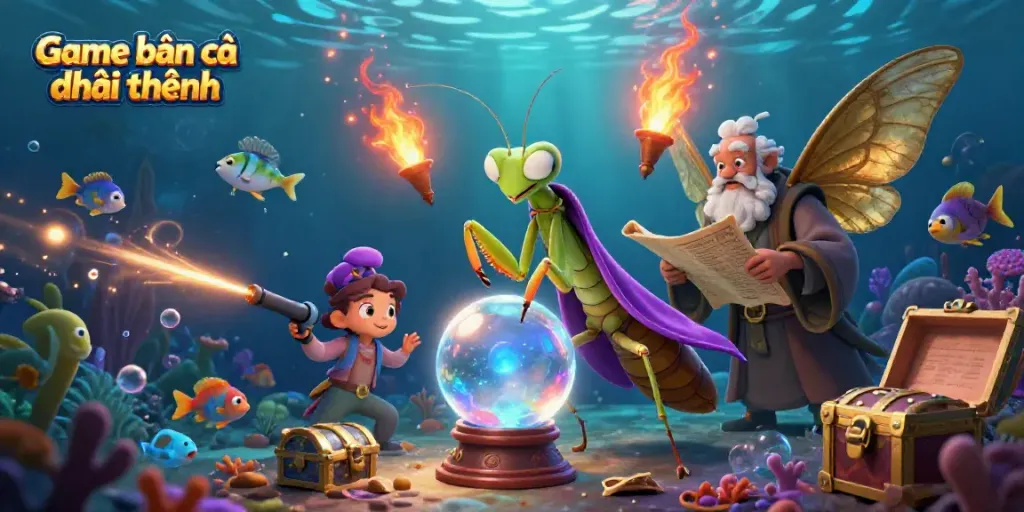Experience Game bắn cá đổi thưởng with vibrant underwater fortune tellers and dynamic fish elements.