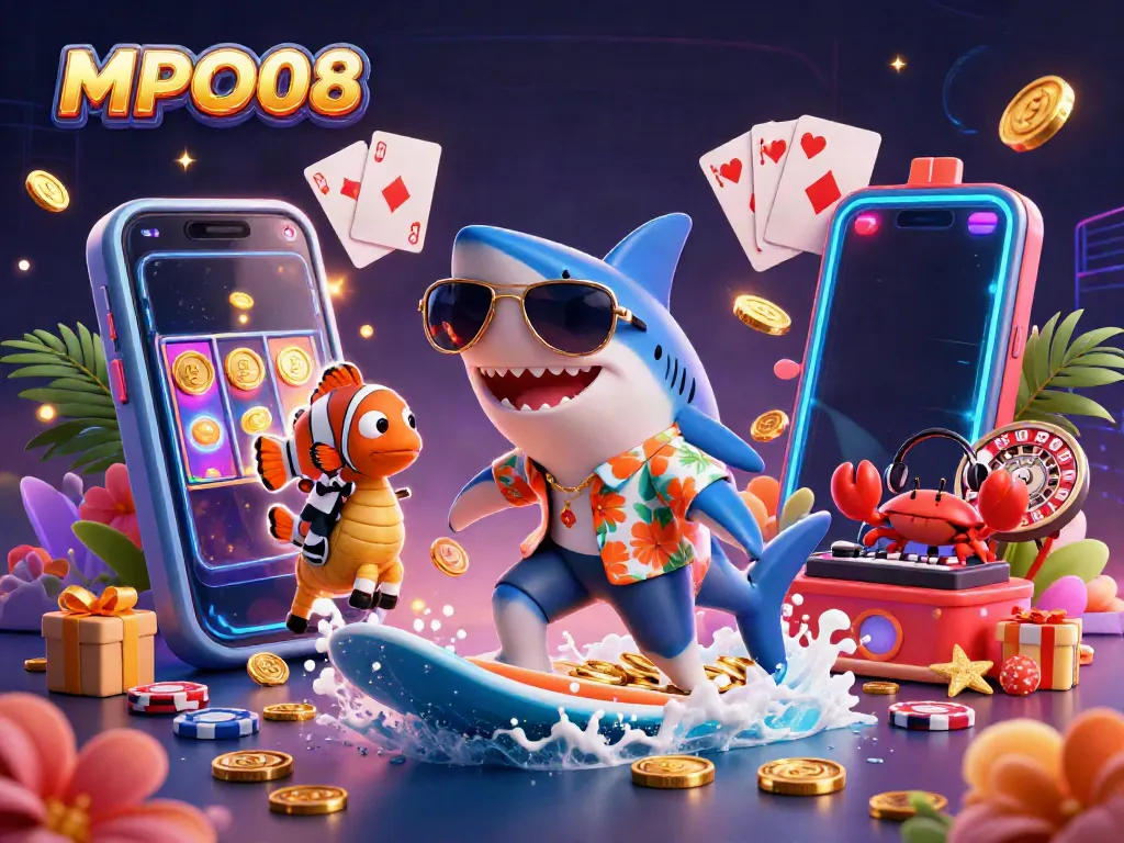 MPO08's vibrant online casino scene with a shark, clownfish, and crab amidst gaming elements.