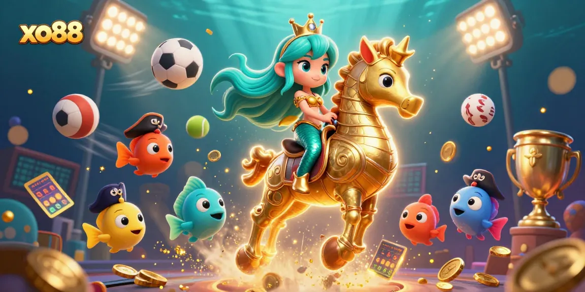 Experience exciting gameplay with xo88’s vibrant 3D mermaid scene, featuring sports and casino elements.