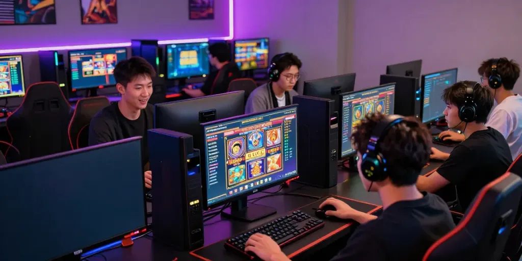 High-availability gaming hub with players engaging in bro138 slot games surrounded by vibrant LED displays.
