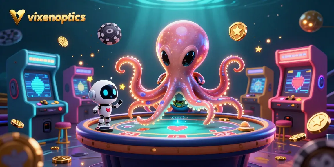 Experience vibrant gaming action at vixenoptics with a cosmic octopus at a poker table.