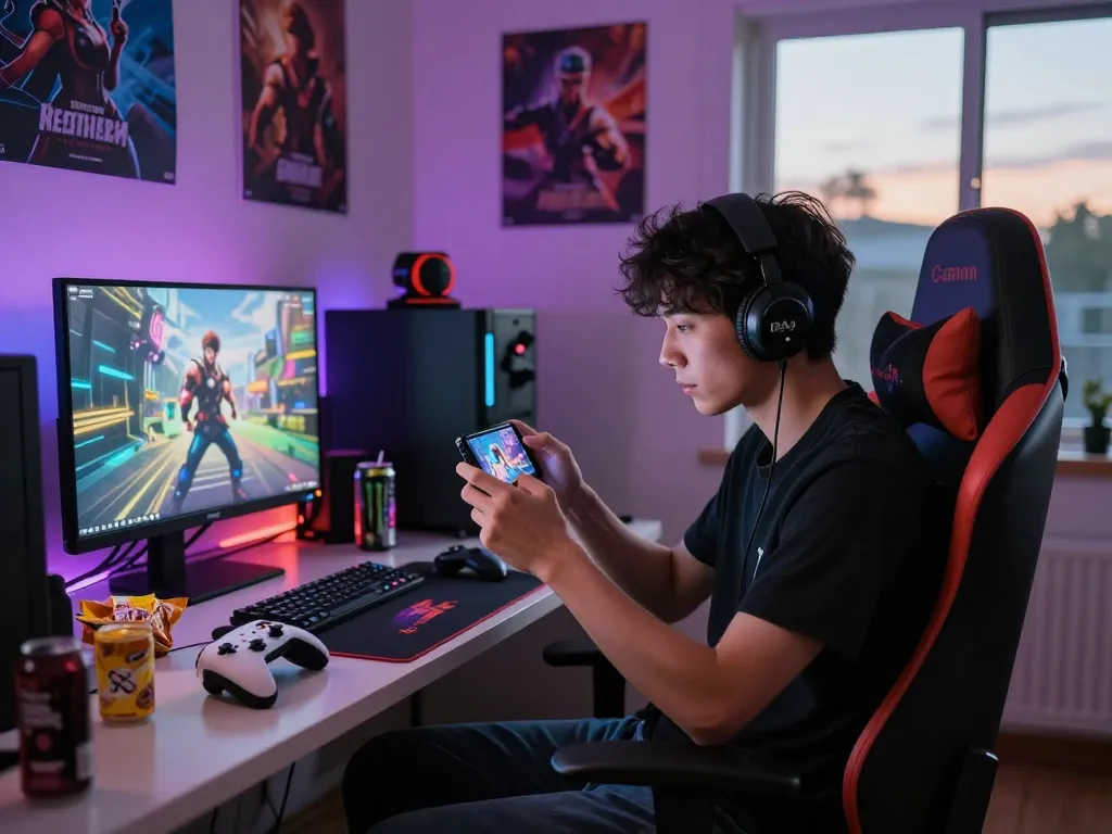 Player enjoying a mobile porn game in a cozy room with vibrant decor.