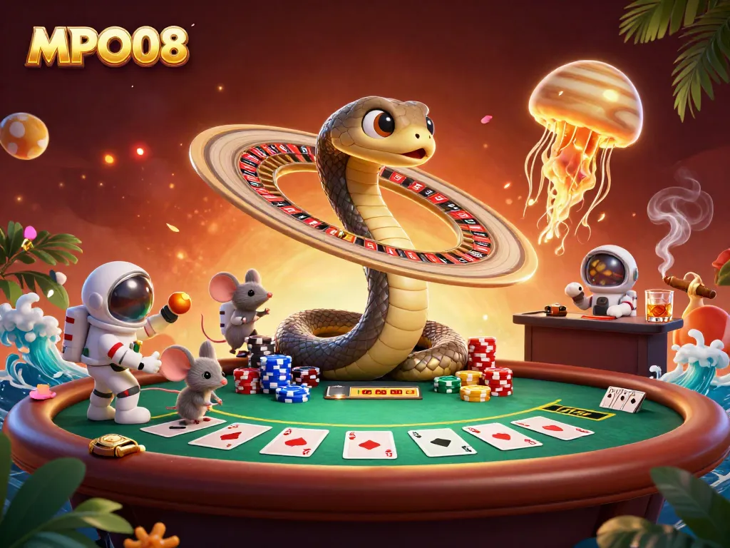 Experience the excitement of MPO08 with a lively 3D casino scene featuring betting astronaut mice and interactive elements.