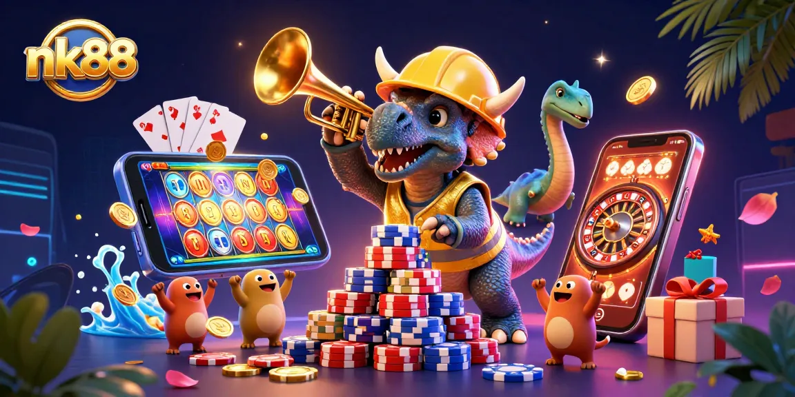 Celebrate wins at nk88 with a vibrant 3D triceratops building poker chips amidst dynamic casino elements.