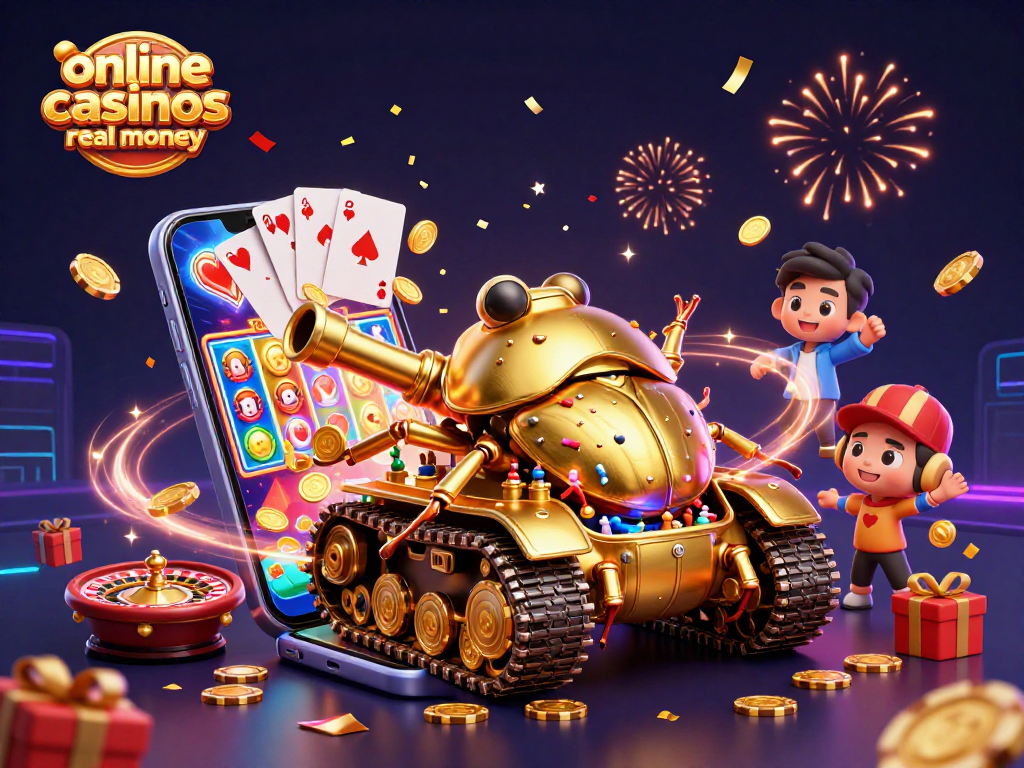 Win big with online casinos real money in an exciting cartoon casino scene filled with games and celebratory elements.