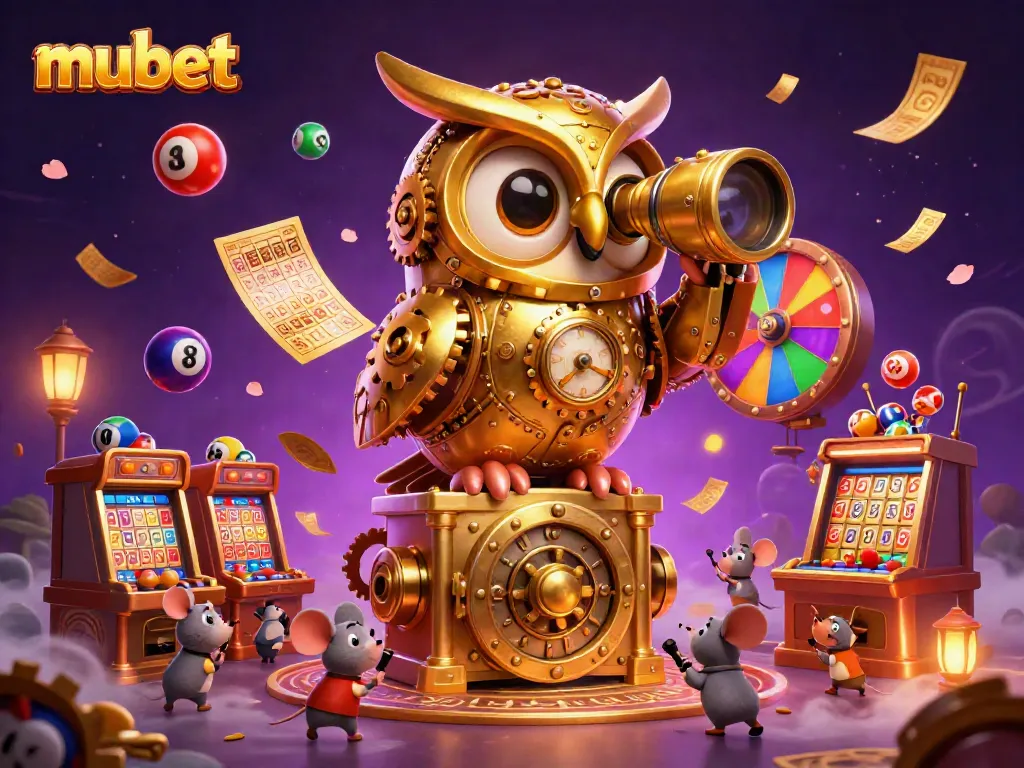 Experience the excitement of mubet as a golden owl surveys vibrant casino action filled with animated elements.