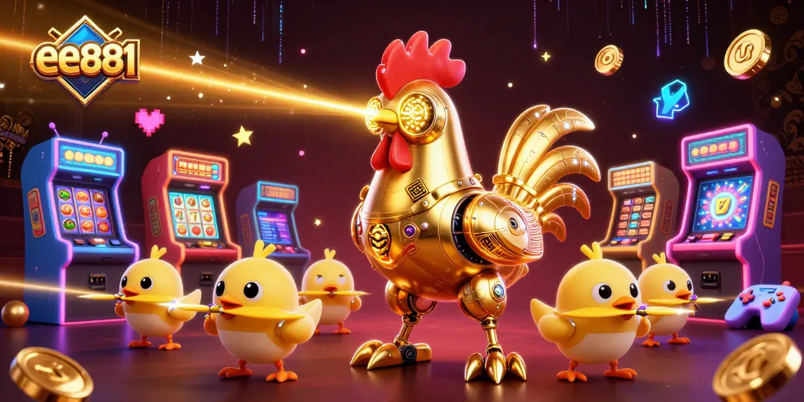 Engage with the thrilling world of ee881 casino games alongside a golden rooster robot and baby chick drones.
