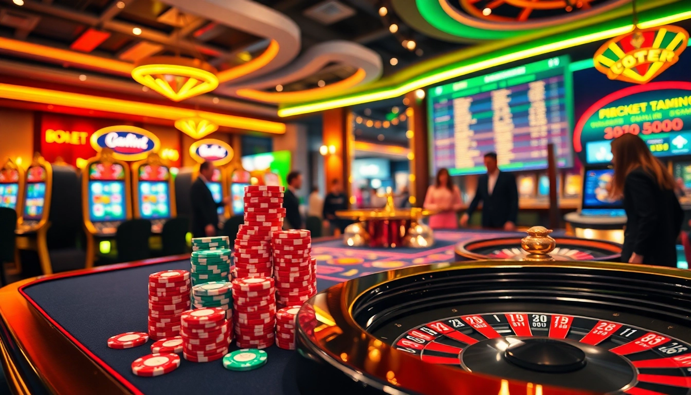 Engage with sbobet link alternatif at a vibrant online casino featuring poker chips, a roulette wheel, and betting excitement.