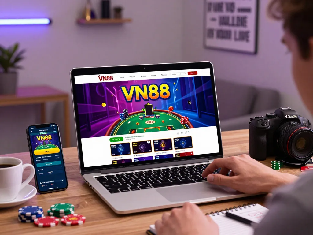 Exciting scene of a player engaging with VN88 online betting interface in a modern home office.