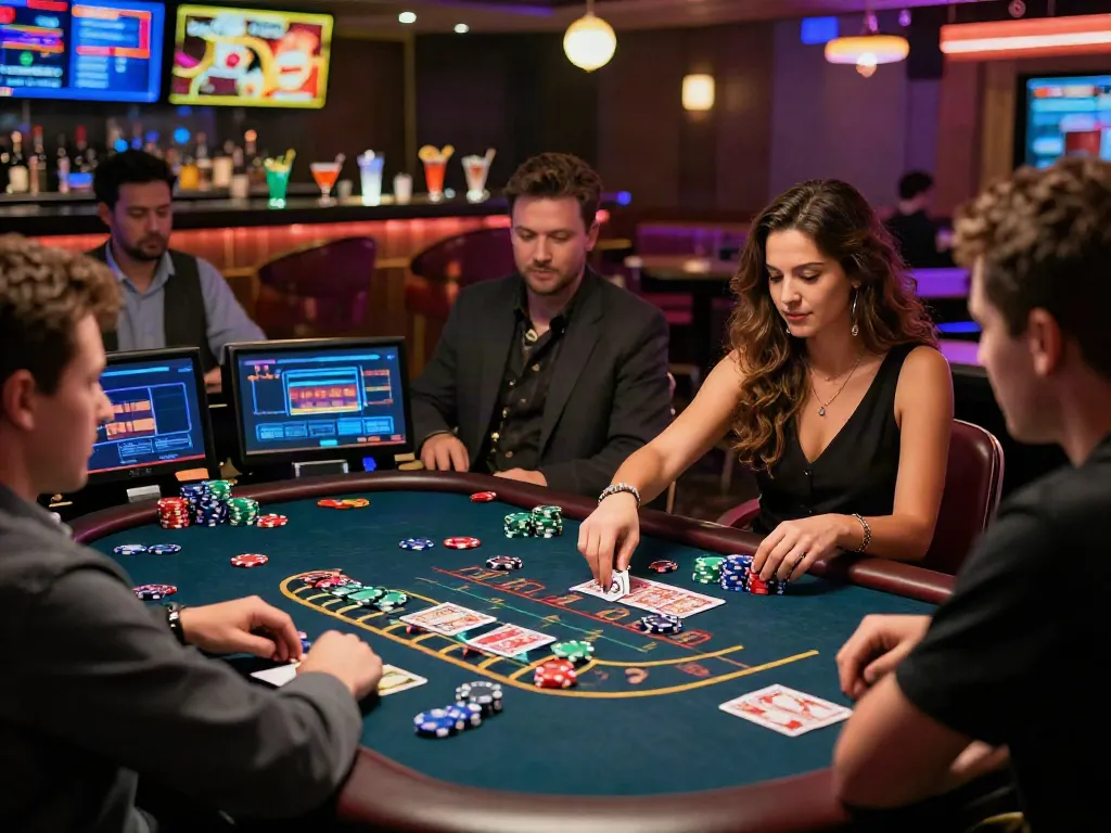 Engaging online casino scene at https://man88pro.com/ with diverse players enjoying blackjack in a vibrant atmosphere.