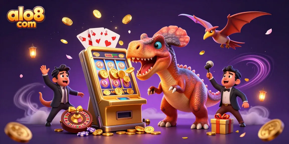 Experience the excitement of alo8 com with playful dinosaurs winning jackpots in an engaging casino scene.