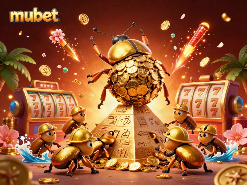 Spin golden coins with mubet as a massive beetle rolls them up a pyramidal casino.