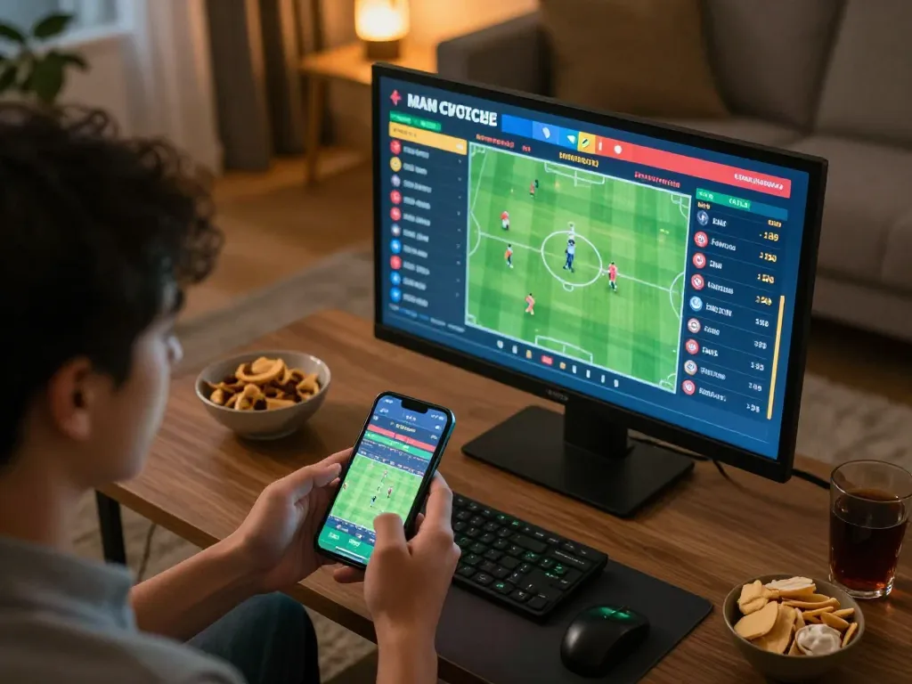 Engaged player using NHÀ CÁI F168 app for real-time sports betting in a cozy, casual home setting