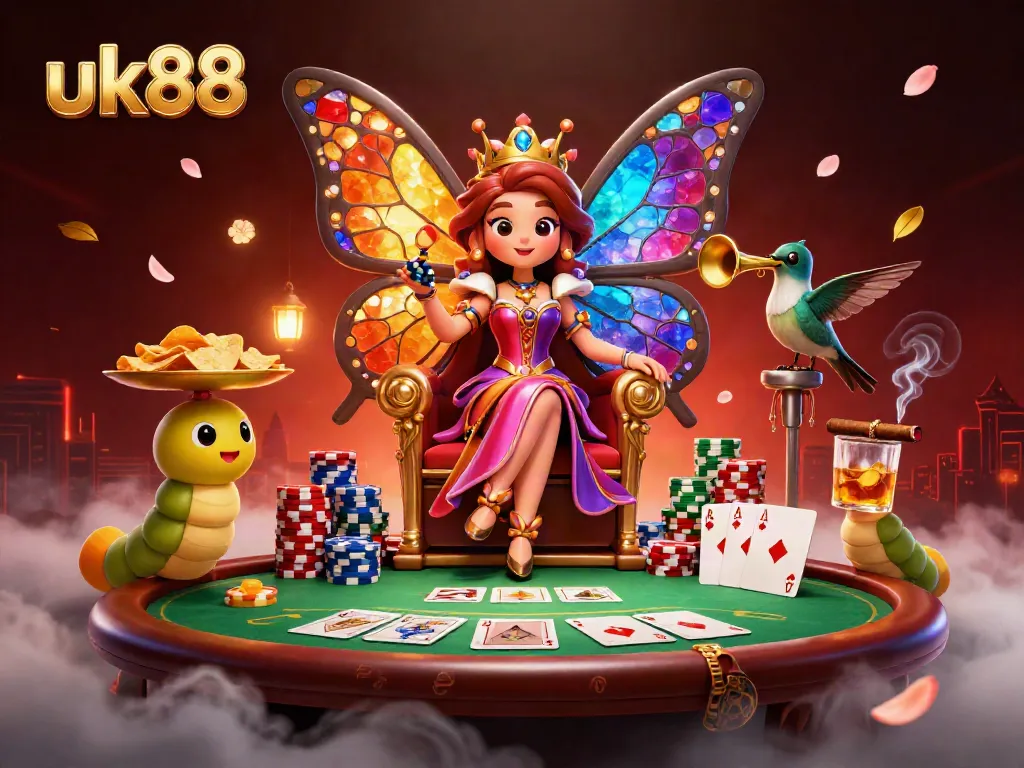 Experience the vibrant world of uk88 betting with a whimsical casino scene filled with colorful characters and games.