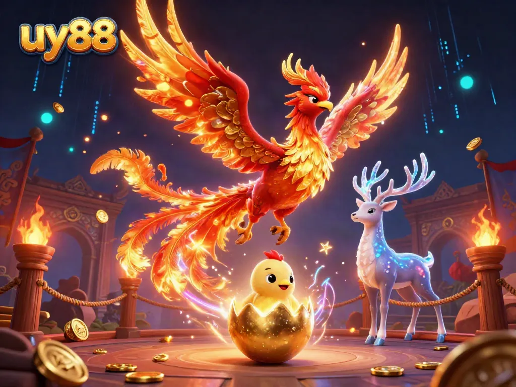Engage with uy88: Experience the thrill of a vibrant 3D casino world featuring a phoenix and mystical elements.