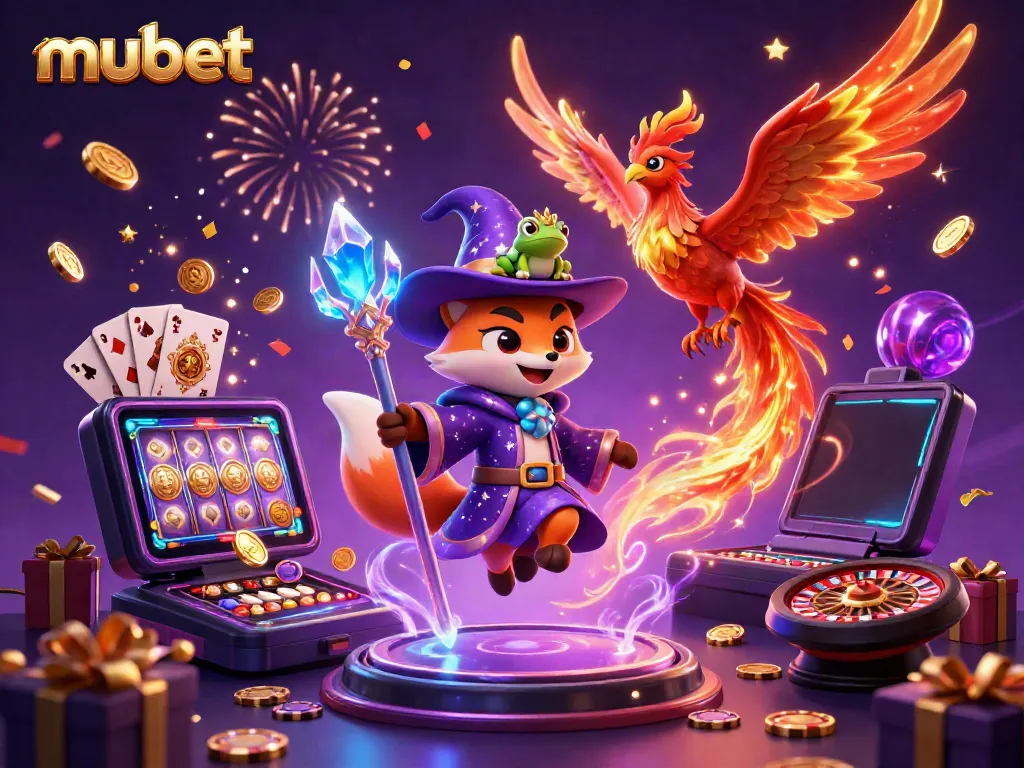 Experience the magic of mubet with our featured online casino illustration showcasing a wizard fox, phoenix, and gaming elements.