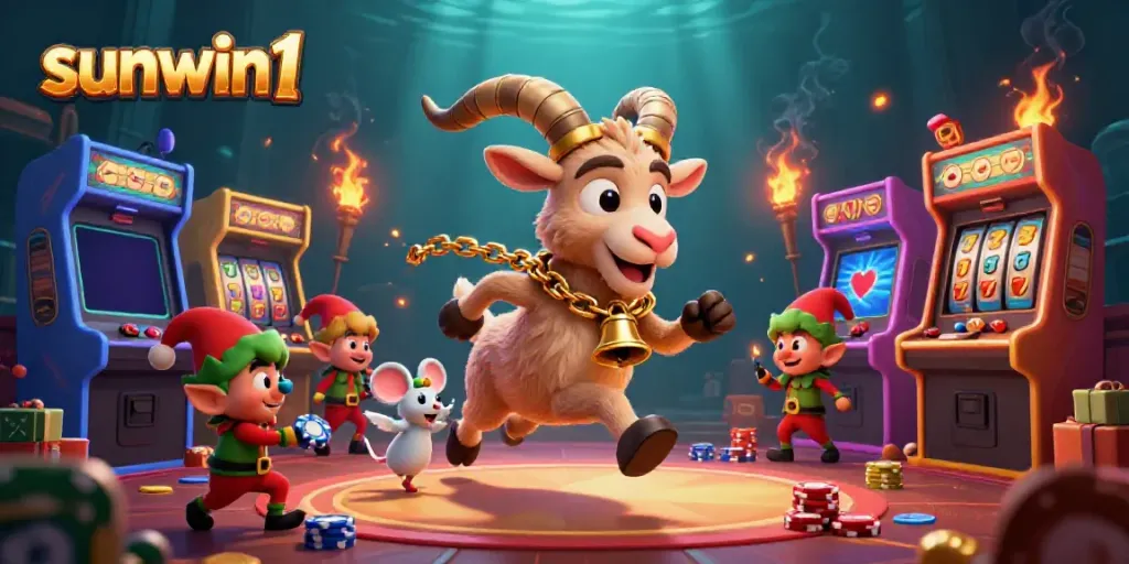 Experience holiday horror at sunwin1 with Krampus, angel mouse, and playful gremlins in a dynamic casino scene.