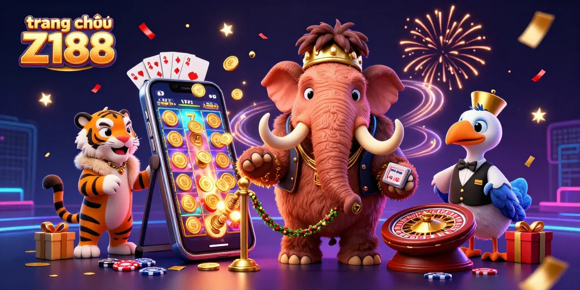 Experience the excitement at trang chủ Z188 with a vibrant 3D casino scene featuring a mammoth bouncer, VIP saber-tooth tiger, and playful dodo doorman.