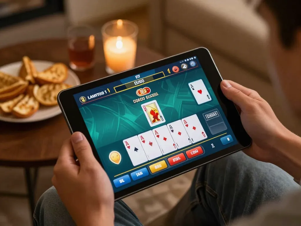 Engaged player enjoying rikvip live dealer baccarat game on tablet in cozy home setting.