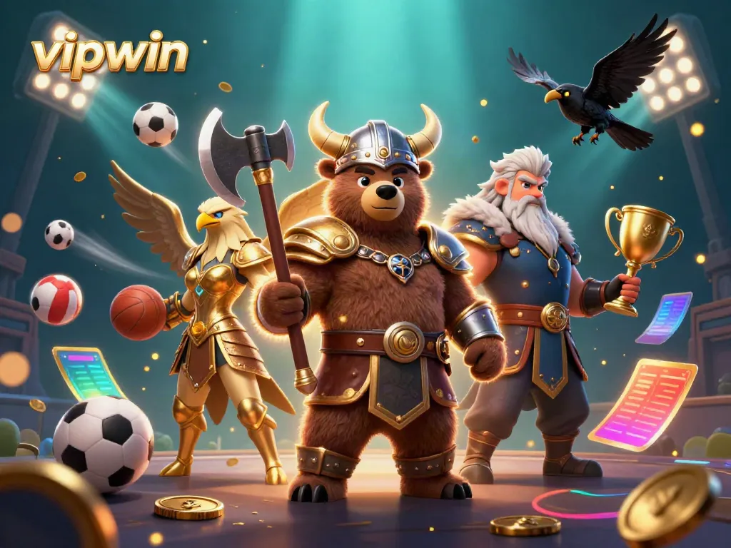 Spin big wins at vipwin with an exciting 3D casino scene featuring a Viking bear and Valkyrie eagle.