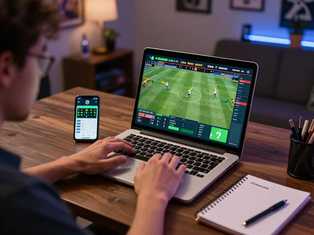 SOCOLIVE sports betting setup showcasing a person actively engaging in live match betting on a laptop, capturing the excitement of online gambling.