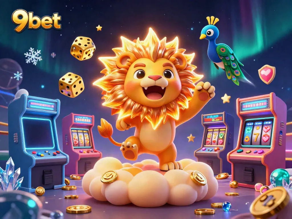 Experience the thrill of 9bet with an ultra-detailed casino scene featuring a roaring lion and golden game elements.