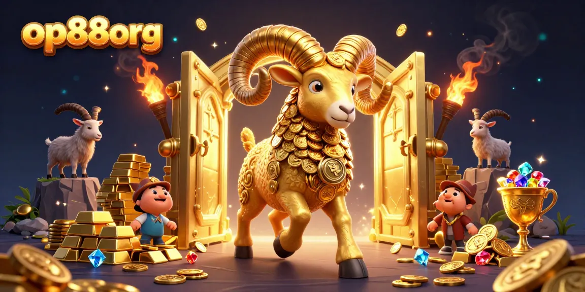 op88org highlights massive golden ram charging through riches in a vibrant online casino scene