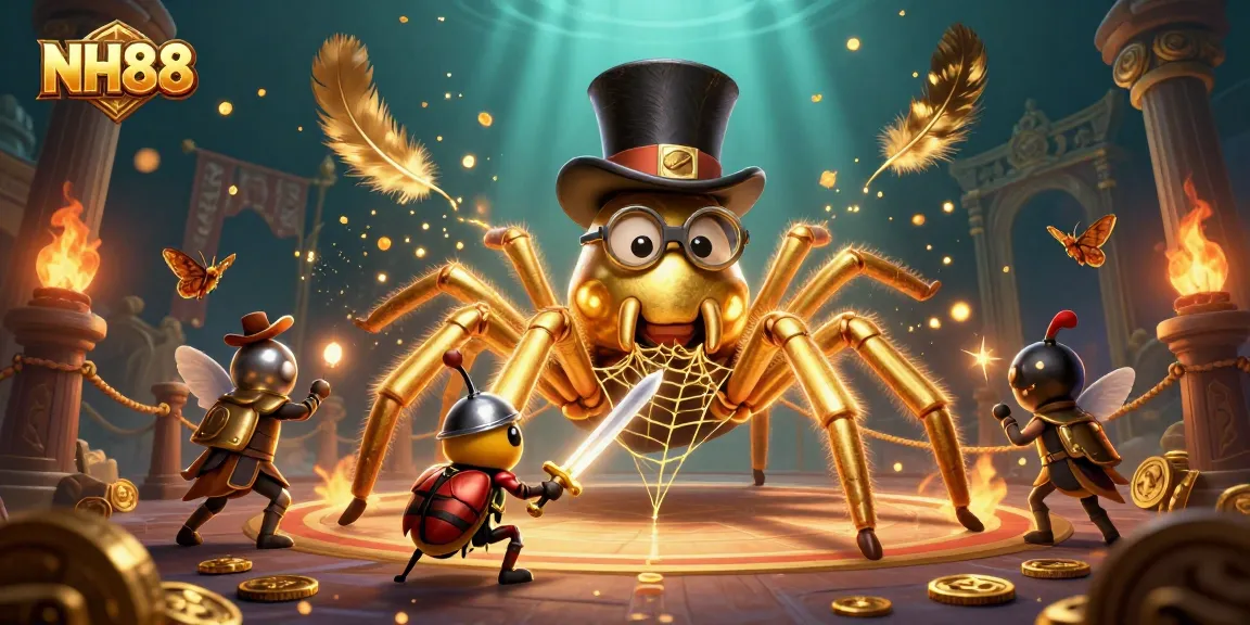 Experience NH88's vibrant casino adventure with a golden tarantula and knight amidst winning moments.
