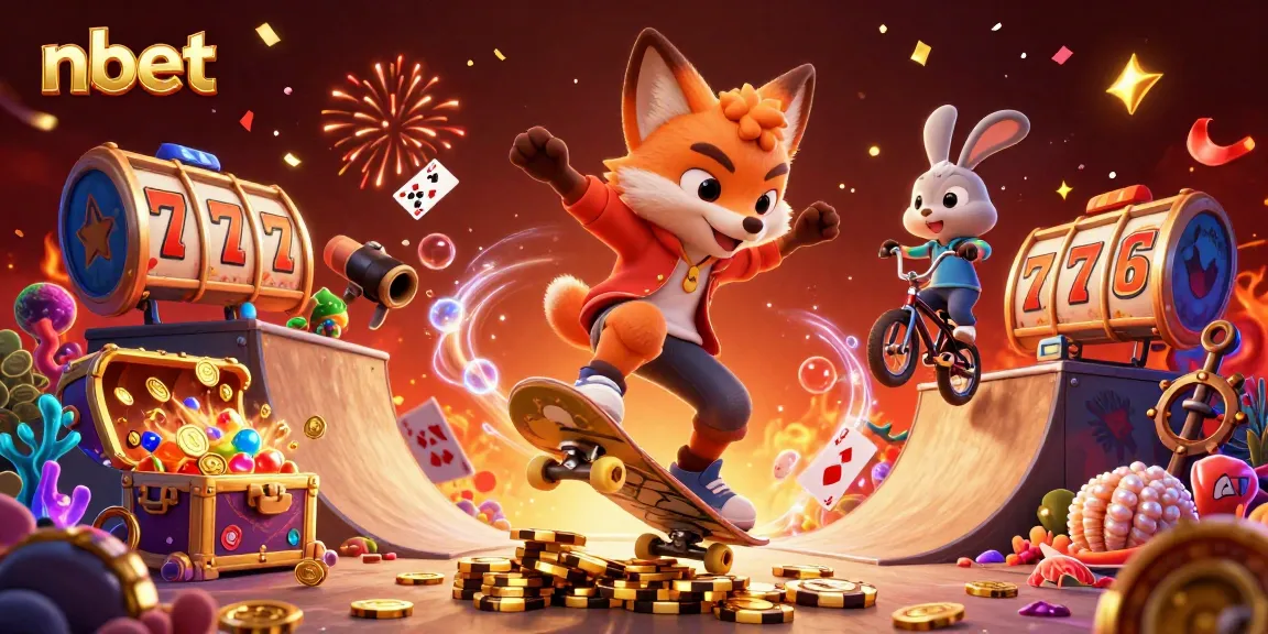 Engaging nbet-themed illustration featuring a skateboarder fox, BMX rabbit, and casino symbols.