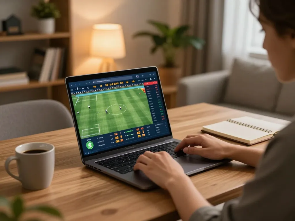 The image shows sports betting on a laptop while monitoring kết quả bóng đá with statistics on screen, illustrating responsible gambling.
