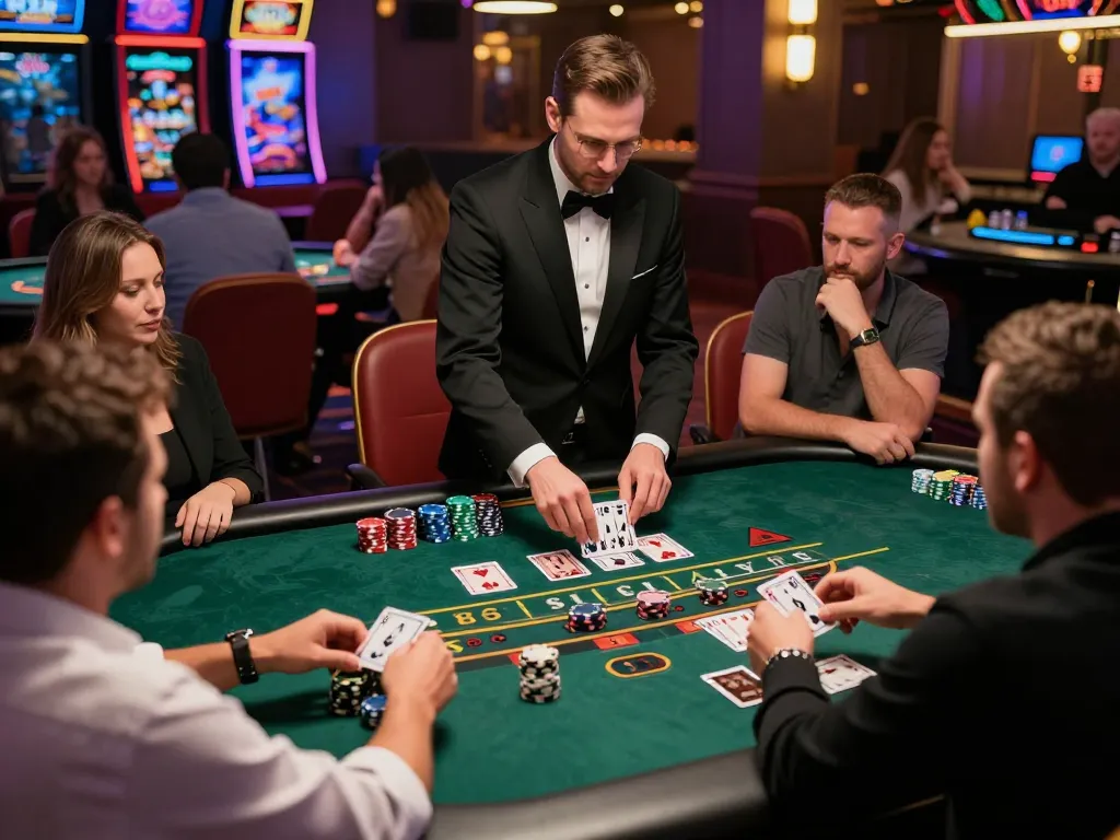 Players engaged in an intense blackjack game at 98win, showcasing strategic betting and a lively dealer.